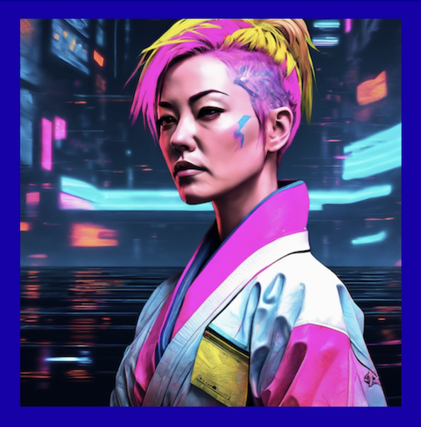 Asian woman pink yellow hair wearing jiu jitsu gi